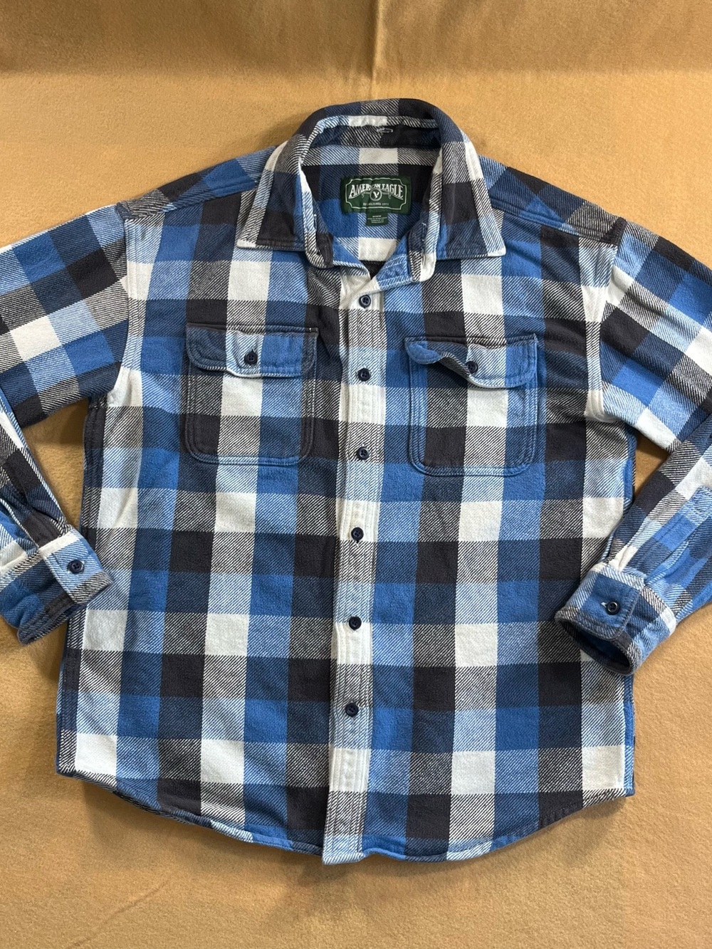 American Eagle Outfitters Blue, Black and White Plaid Button-Down Shirt